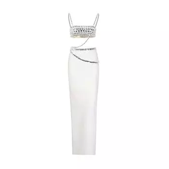 Мода Сексуальный Изысканный Страз Открытые Плечи Бретели в Белом Бандажном Облегающем Платье Стройнящий Костюм-Двойка Вечерние Платья White M