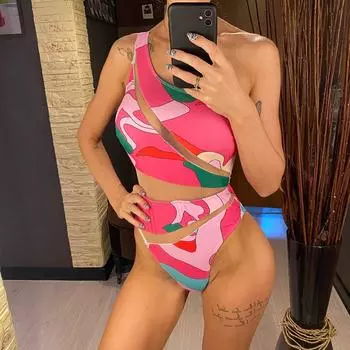 мода сексуальный принтованный сетчатый прозрачный сплайсинг одно плечо цельный купальник женский купальник женский монокини купальный костюм плавание S розовый