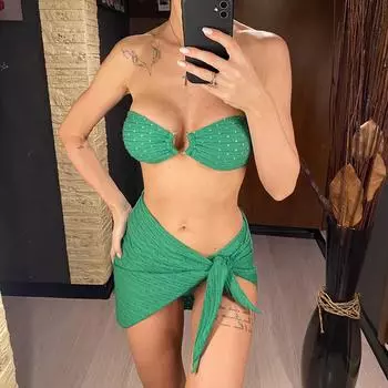 мода сексуальный с саронг бандо средняя талия бикини женский купальник женский купальник из трех частей бикини комплект купальный костюм купальный костюм плавание S белый