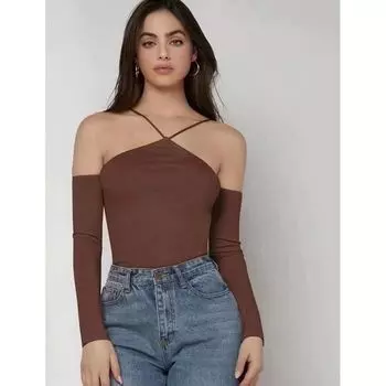 Мода Сексуальный Сексуальный Короткий Треугольный Жилет Однотонный Эластичный Облегающий Похудение Легче всего для Сочетания Бретели Футболка с Длинным Рукавом Топы Dark brown M