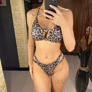 мода сексуальный Strappy Halter Leopard бикини Женщины Купальники Женский купальник из двух частей бикини комплект с подкладкой купальный костюм для плавания S леопардовый