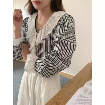 МОДА Сезон Уменьшение Возраста Винтаж Ниша Темперамент V-образный вырез Милая кружевная сращивание Полосатая рубашка с длинным рукавом Женская модная одежда One Size