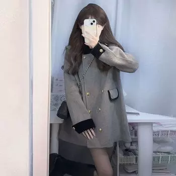 МОДА шерстяное пальто в иностранном стиле, элитное французское ретро-пальто, маленькое шерстяное пальто, осенняя и зимняя одежда S серый