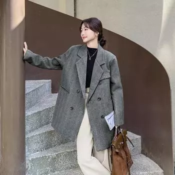 МОДА шерстяной пиджак с узором «елочка» для женщин осень 2024 года новое корейское высококачественное утепленное пальто с хлопковой подкладкой Одежда S коричневый