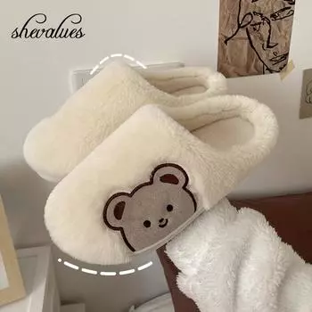 мода Shevalues милые меховые тапочки для женщин и мужчин модные пушистые зимние теплые тапочки с изображением животных новые домашние тапочки с изображением плюшевого мишки из мультфильма 36-37(Fit 35-36)