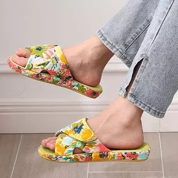 мода Shevalues женские принтованные плоские тапочки домашние тапочки из вафельного хлопка с открытым носком нескользящие домашние тапочки всесезонные плоские тапочки 35 чёрный