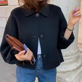 МОДА шикарный новый ретро лацкан повседневный свободный рукав-фонарик маленький шерстяной короткий кардиган пальто женская одежда S хаки