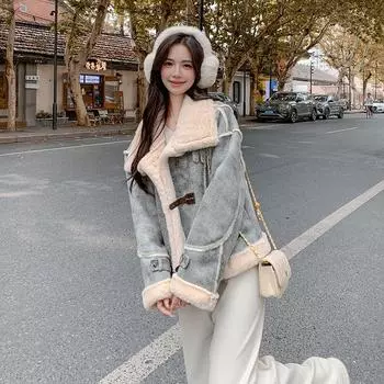 МОДА сине-серая меховая интегрированная куртка женская 2024 зимняя утолщенная и свободная, в этом году популярная бархатная теплая короткая хлопковая Одежда S сине серый