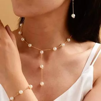 Мода сладкий элегантный жемчуг простой темперамент ожерелье серьги браслет набор золотой