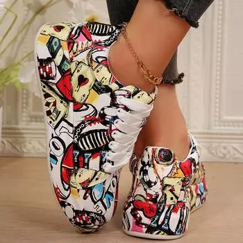 Мода Случайные Граффити Женские Кроссовки Плоские Кроссовки Повседневные Кроссовки Зима 2025 Тенденция Абсолютно Новые Спортивные Кроссовки Для Путешествий Походы Mujer Zapatos 36 красный