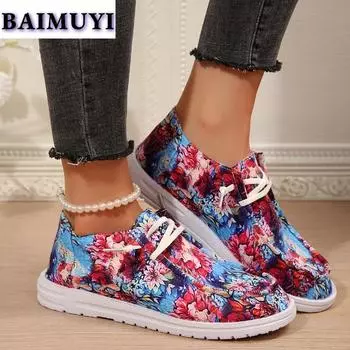 Мода Случайный принт Женские балетки Холщовые кроссовки Повседневные кроссовки Осень 2025 Тренд Новые удобные спортивные дорожные туфли Для походов Mujer Zapatos 36