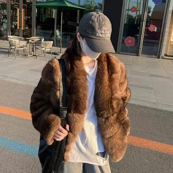 МОДА, Соболь Круглый вырез, Имитация меха лисы, Мода, Обтягивающая, Молодежная меховая куртка, Женская укороченная меховая куртка, S
