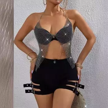 Мода Spice Girl эластичная сетка дышащая вспышка алмазный вырез A Word V вырез пляжные подтяжки для выступлений на сексуальная одежда XS чёрный
