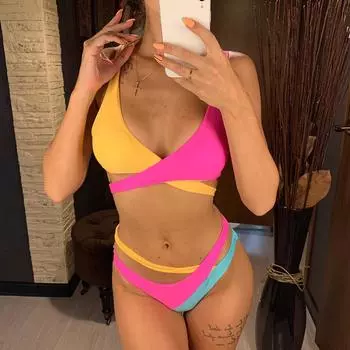 мода Сращивание бикини женский купальник женский купальник из двух частей бикини асимметричный купальник средней талии S