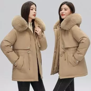 МОДА средняя и длинная куртка преодолевает женские зимние 2024 новые флисовые утолщенные с капюшоном женские хлопчатобумажные утепленные куртки теплая куртка Одежда M чёрный