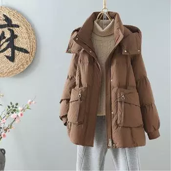 МОДА средняя и длинная пуховая куртка женская утолщенная теплая 2024 зимняя новая маленькая куртка с капюшоном белая утиная куртка с карманом на пуху модная одежда S