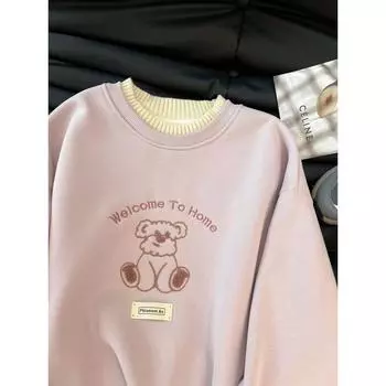 МОДА Супер флисовый поддельный двухсекционный свитер женский зимний круглый вырез термотоп большой размер женская одежда 100 кг Одежда M розовый