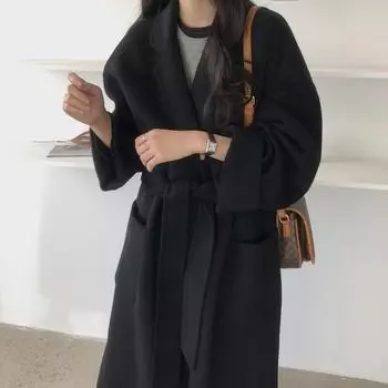 МОДА Свободная длинная шерстяная куртка со шнуровкой Много одежды S хаки