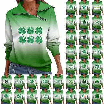 Мода Свободный Для Женщин St. Спортивный свитер с принтом ко Дню Патрика, повседневный топ с V-образным вырезом и длинными рукавами, на молнии M