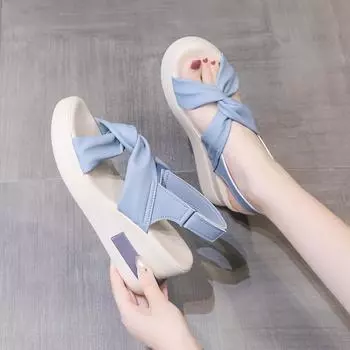 мода танкетка модные босоножки женские летние 2024 новые сексуальные на высоком каблуке с липучкой фея ветер открытый носок удобные женские туфли 34 бежевый