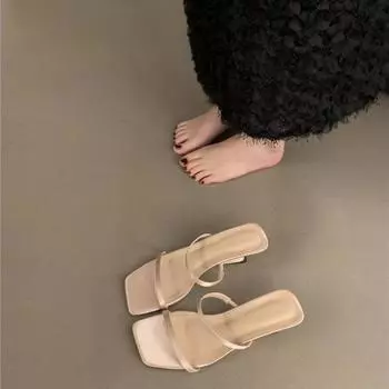 мода танкетка туфли на высоком каблуке женская обувь дизайнер 2024 сандалии лето квадратный носок шлепанцы платье повседневные туфли туфли женские шлепанцы 35 бежевый