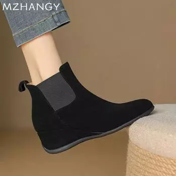 мода танкетка женские ботильоны замшевые дизайнерская обувь женская 2025 тренд зимние сапоги мода ходьба зима новые готические женские сапоги челси 35 чёрный