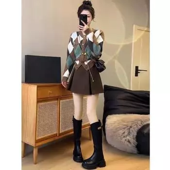 Мода Темперамент Цвет Клэш Алмазная Сетка Вязаный Кардиган Свитер Женские Модели Весна и Осень Новые Модные Топы Прилив one size