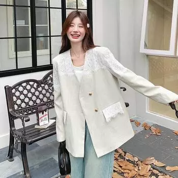 МОДА темперамент дизайн чувство кружева сращивание V-образный вырез маленький костюм женский сезон 2024 новый корейский костюм куртка Одежда S