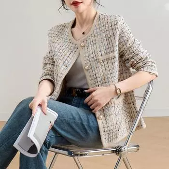 Мода темперамент маленький ароматный шерстяное пальто женская одежда 2024 осень женская одежда грубая цветочная шерсть большой S