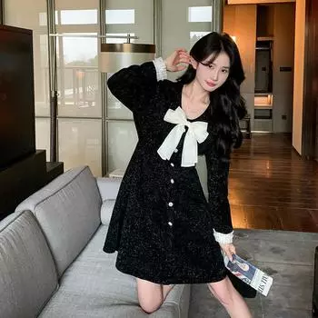 МОДА Темперамент Нежный ветер Большой бант Маленький ароматный ветер платье Женское весеннее французское ретро бусины средней длины Первая любовь юбка Одежда S чёрный