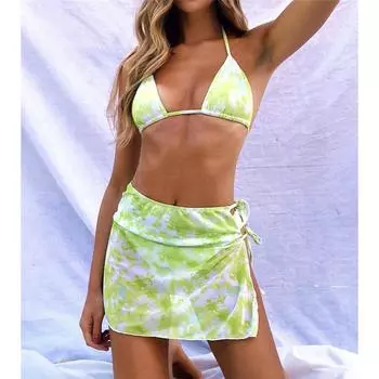 мода Tie Dye Halter бикини женские купальники женский купальник из трех частей бикини комплект с короткой юбкой купальный костюм S зелёный