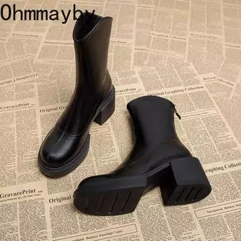 мода толстые высокие каблуки женские ботильоны модные молнии сзади утягивающие короткие ботинки осень зима женская обувь 35 коричневый