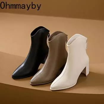 мода Толстый каблук Женские короткие сапоги Модные остроносые утягивающие ботильоны Ретро стиль Осень Зима Женская обувь 35 белый