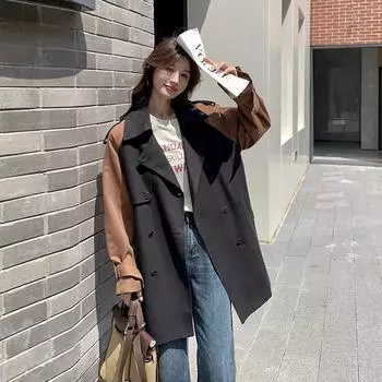 МОДА тренчкот женский сезон 2024 новые модели популярны в этом году, контрастные цвета сращивание корейский костюм воротник галстук приталенный пиджак Одежда S