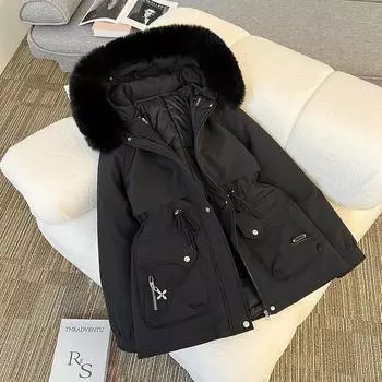 МОДА три вида одежды пирог, чтобы преодолеть женскую зиму новая талия и тонкий капюшон большой меховой воротник набитый и утолщенный средний и длинный хлопокОдежда M чёрный