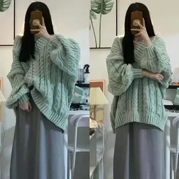 МОДА Трикотажный свитер-жакет Twist женский мягкий вощеный ленивый стиль V-образный вырез свободный средний длинный внешний топ модная одежда one size fits all зелёный