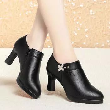 мода Туфли-лодочки с глубокими носами и блочным каблуком Женская обувь на платформе Модные кожаные туфли с острым носком Женская обувь для офиса на высоком каблуке Черный 35(Foot22.5cm)