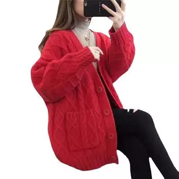 МОДА Твист однотонный свитер куртка ленивый ветер свободный вязаный кардиган 2024 осень и зима новый утолщенный большой размер верхняя одежда S красный