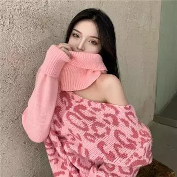 МОДА Укороченный свитер в стиле ретро с леопардовым принтом Элегантный повседневный вязаный свитер Универсальные осенне-зимние общительные пуловеры One Size чёрный