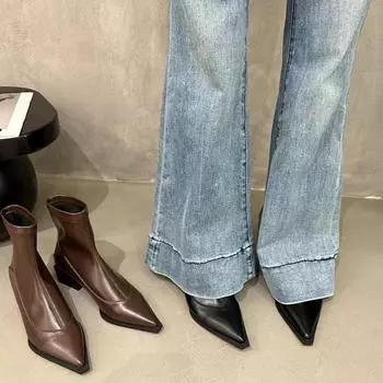 мода Уличный стиль Острый носок Женские ботильоны Модные элегантные на низком каблуке Современные короткие ботильоны Весна Осень Свадебная обувь для вечеринок 35 коричневый