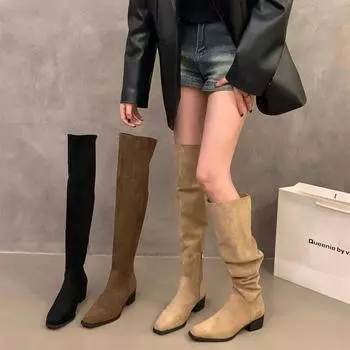 мода Уличный стиль Женщины Stretch Современные сапоги Повседневная плиссированная обувь без застежек Осень Зима Дамы Длинные сапоги 35 коричневый