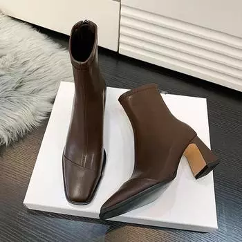 мода Уличный стиль Женские ботильоны Модные квадратные носки Короткие ботильоны Дизайнерские туфли на толстом высоком каблуке Botas Mujer 35 бежевый
