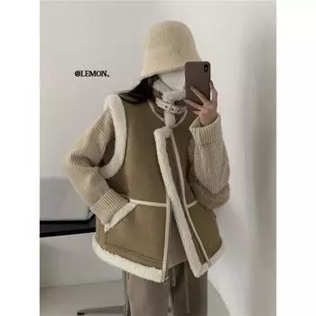 МОДА Утолщенный теплый верх с интегрированным жилетом из овечьего меха женская одежда 2024 новый дизайн чувство штабелированный топ Одежда S recommends 47.5 kg or less темно-коричневого