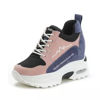 Мода [Увеличение 6 см] Женские повседневные туфли на танкетке со шнуровкой Весна и осень Женские повседневные кроссовки Неглубокие женские туфли на плоской подошве 5 розовый