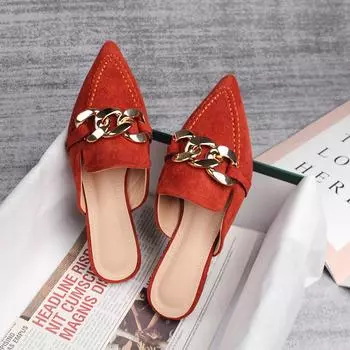 Мода Весна 2024 новые женские мюли Остроносые тапочки для улицы Muller Fashion с металлической цепочкой Офисная повседневная обувь Большие размеры 41-43 36 чёрный