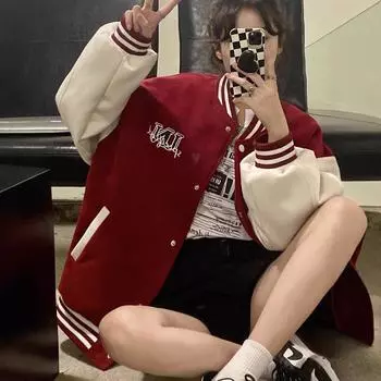 МОДА Весна и осень Американский свободный модный топ 2024 Новый с длинным рукавом бейсбольный костюм для колледжа Цельная одежда S красный