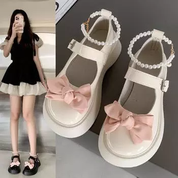 мода Весна и осень мода новые бисерные круглые носки однотонные повседневные и удобные женские туфли для банкета с бантом на толстой подошве 35 бежевый