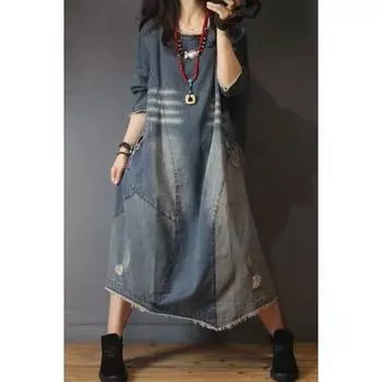 МОДА Весна и осень Новое свободное большое платье из денима выше колена женское тибетское мясо облегающее старое индивидуальное длинное платье сращивание одежда M100-115
