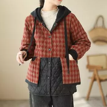 МОДА Весна и осень Тонкое пальто из хлопка и льна с хлопковой подкладкой в клетку для женщин 2024 года, новый большой размер, свободный литературный капюшон с хлопковой подкладкой Одежда L красный