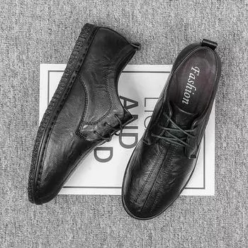 Мода Весна Зима 2024 Модные мужские кожаные туфли на шнуровке Повседневная обувь Трендовая обувь Крутые мокасины Плоские туфли Мягкие легкие туфли для вождения Удобные 38 чёрный